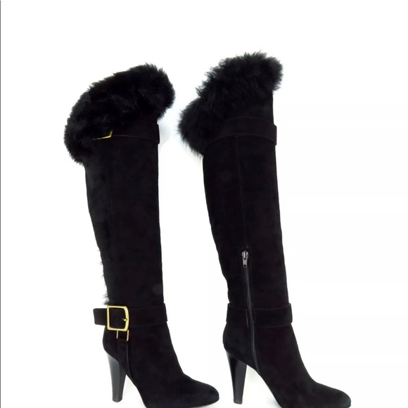 Coach Shoes - Coach Black Suede Leather Boots 8 Fur Cuff -Italy